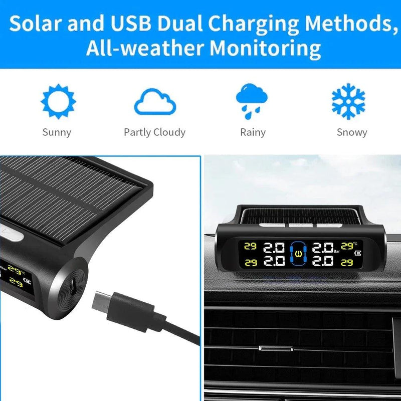 Sistema de Monitoramento de Pressão de Pneus Solar TPMS Inteligente - Sensores de Estacionamento para Carros, Medidor de Pressão de Ar e Temperatura dos Pneus. - Vagalumy