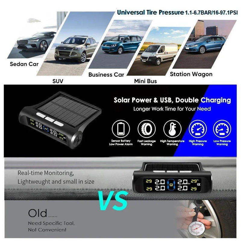 Sistema de Monitoramento de Pressão de Pneus Solar TPMS Inteligente - Sensores de Estacionamento para Carros, Medidor de Pressão de Ar e Temperatura dos Pneus. - Vagalumy