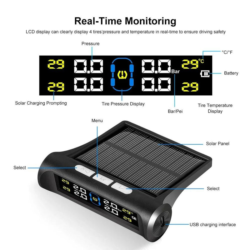 Sistema de Monitoramento de Pressão de Pneus Solar TPMS Inteligente - Sensores de Estacionamento para Carros, Medidor de Pressão de Ar e Temperatura dos Pneus. - Vagalumy